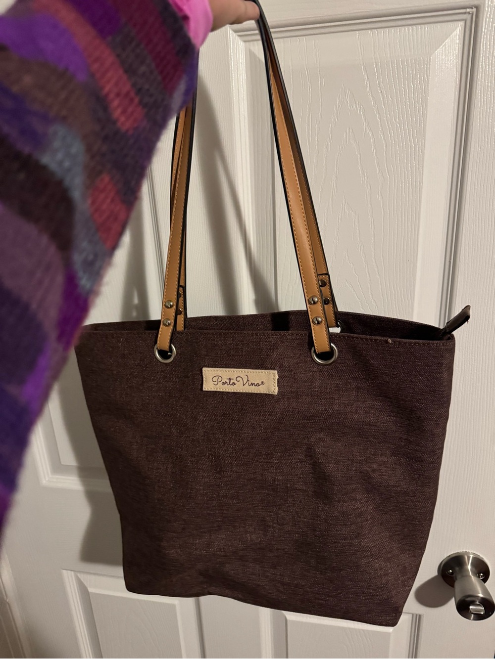 Dark Brown Wine Tote with Tan Handles